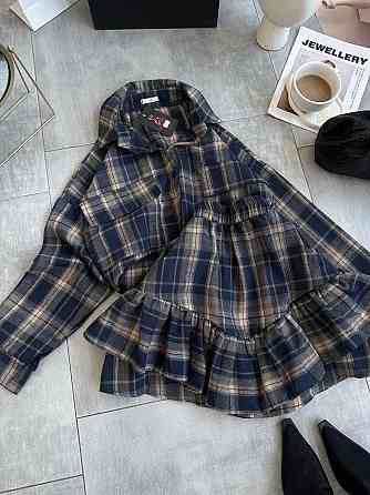 Женский костюм двойка: рубашка и юбка в клетку фланель Синий 2 Одесса