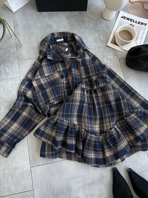 Женский костюм двойка: рубашка и юбка в клетку фланель Синий 2 Одесса - изображение 3