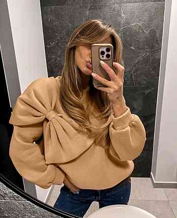 Жіночий стильний светр із декоративним бантом спереду трикотаж теплий тринитка Бежевий, 48/52 Одеса