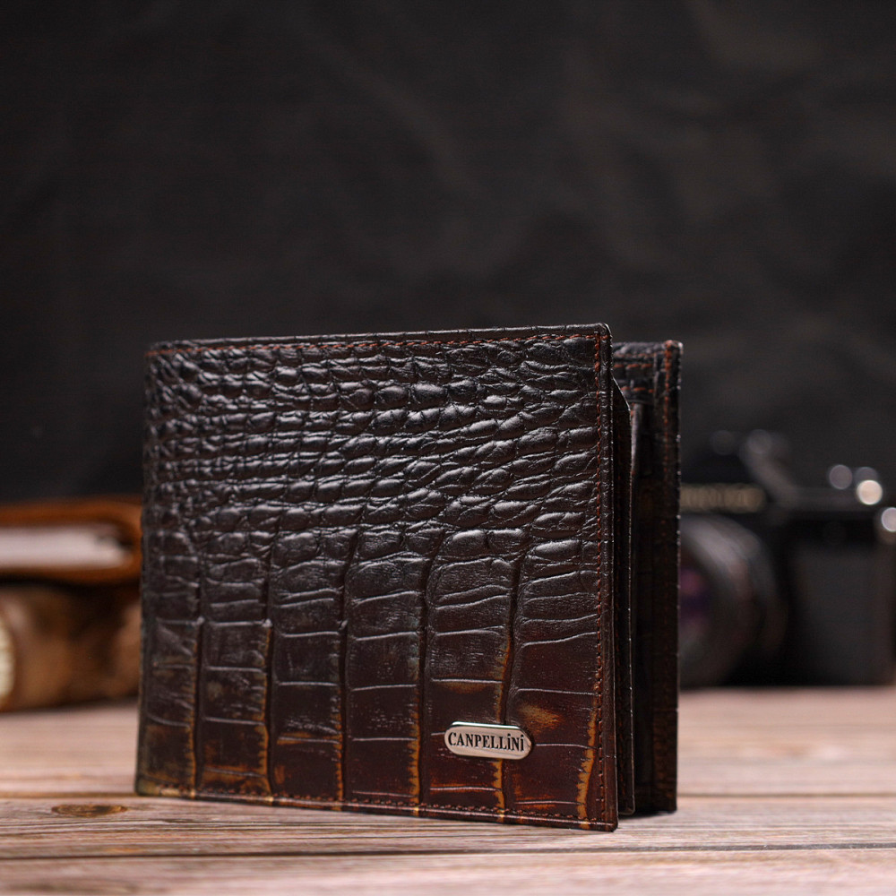 Оригинальное мужское портмоне из натуральной фактурной кожи с тиснением под крокодила CANPELLINI 21784 Темно Киев - изображение 8