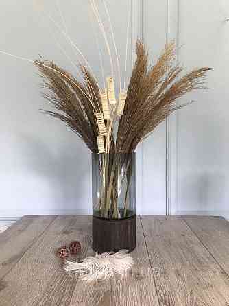 Ваза скляна з деревом Olens "Wood" 26 см 2 л прозоре чорне скло з дерев'яним дном Київ