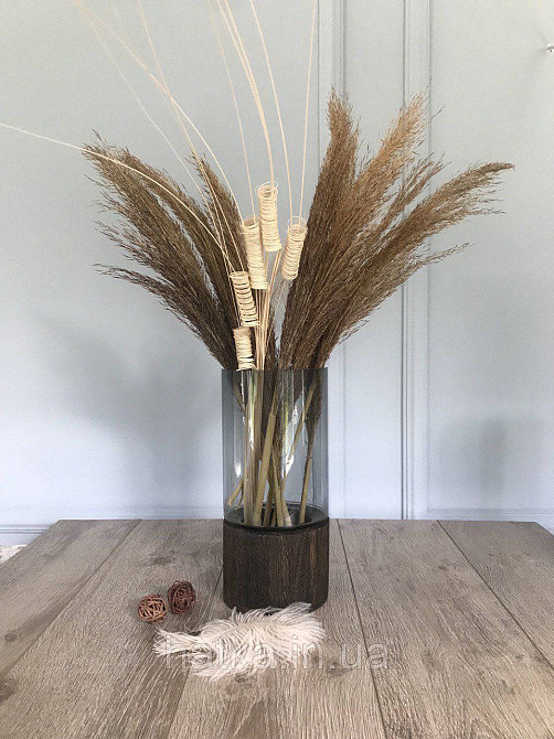 Ваза скляна з деревом Olens "Wood" 26 см 2 л прозоре чорне скло з дерев'яним дном Київ - фото 3