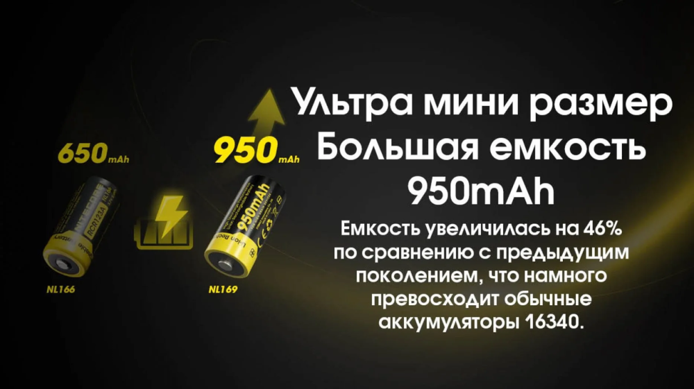 Акумулятор Li-Ion CR123A Nitecore NL169 950mAh 3.6V захищений (Чорно-жовтий) Вінниця - фото 8