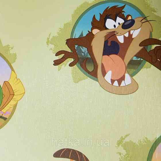 Обои виниловые на флизелине AdaWall Ada Kids метровые детские герои Луни тюнз комиксы на салатовом фоне Киев