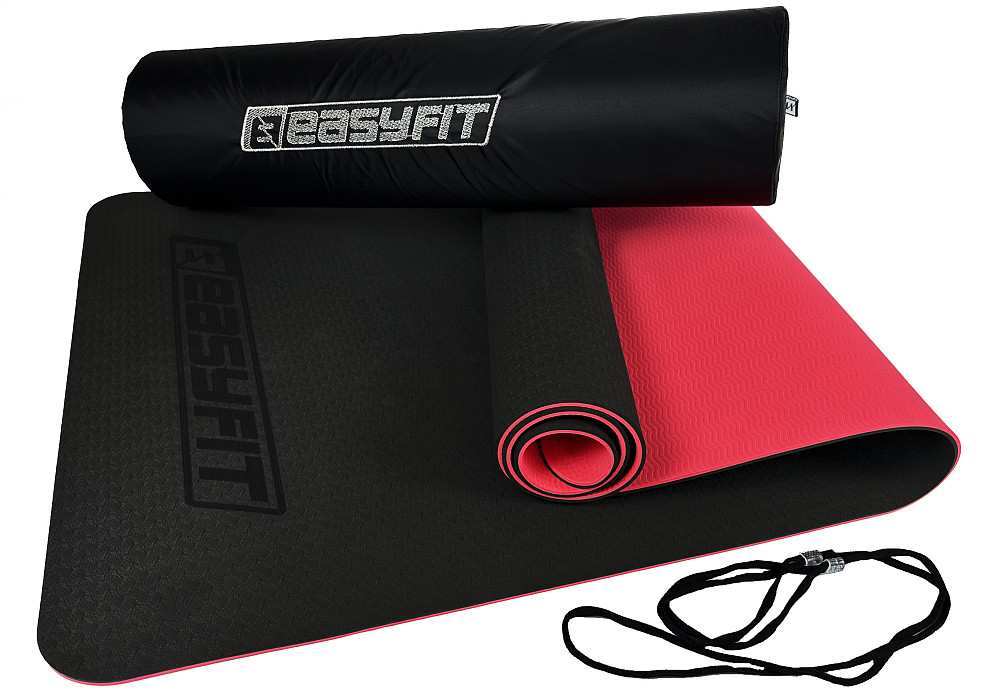 Килимок для йоги та фітнеса EasyFit TPE+TC 6мм двошаровий + Чохол чорний з червоним Коломия - фото 7