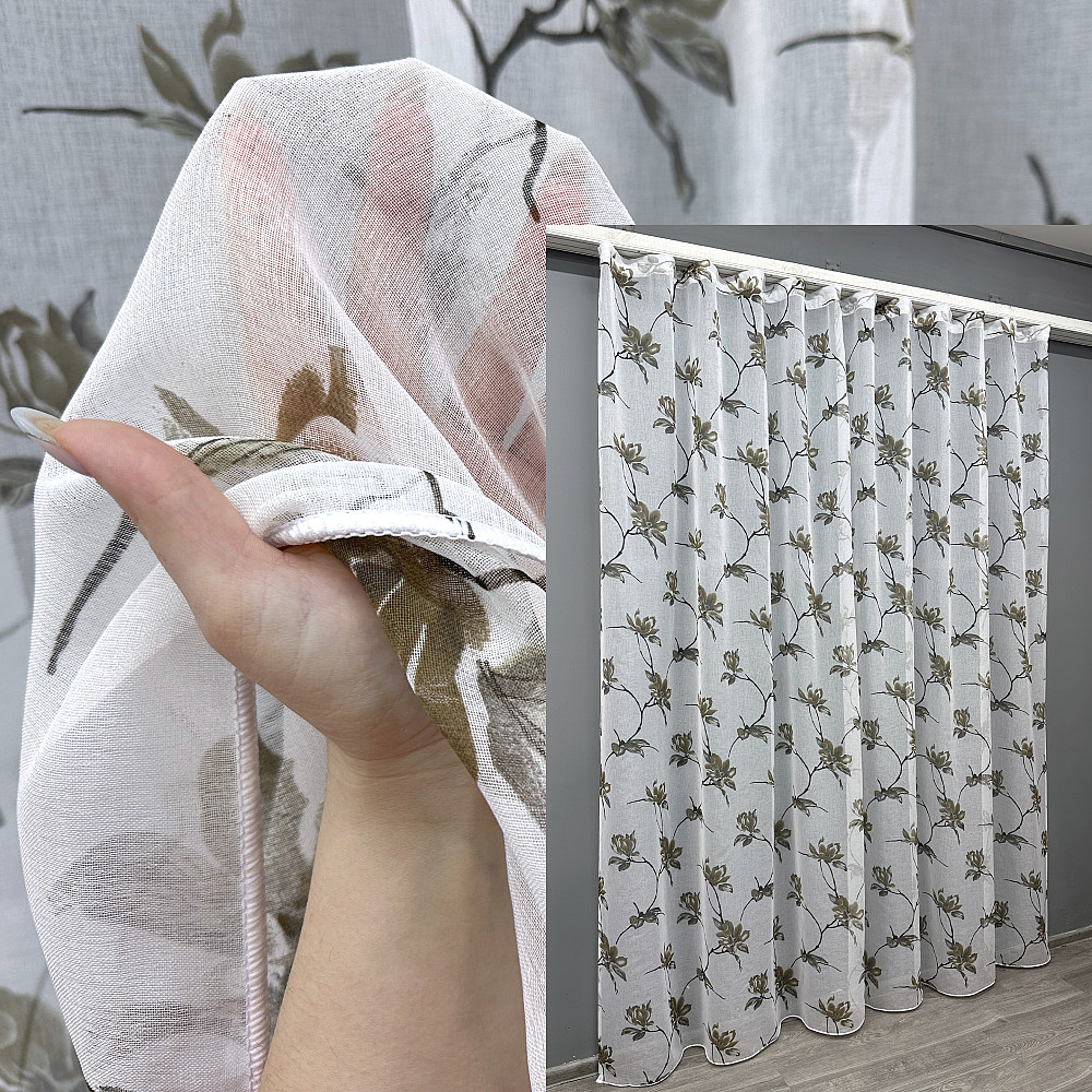 Тюль VR-Textil 1906т Flora Батист Белый с хаки 300х250 см (42-1125) Киев - изображение 1