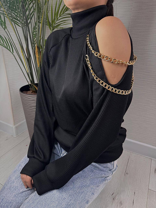 Стильний жіночий під горло светр із ланцюжком щільна ангора рубчик на фліс Чорний, 42/46 Одеса - фото 2