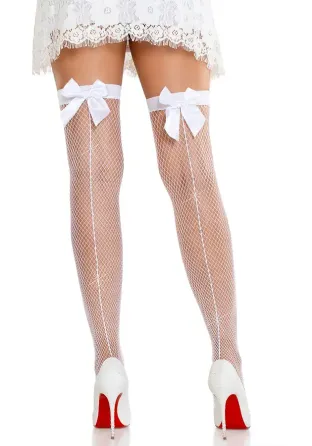 Панчохи-сітка зі швом ззаду Leg Avenue Bow back seam thigh highs One size White, атласний бант Львів