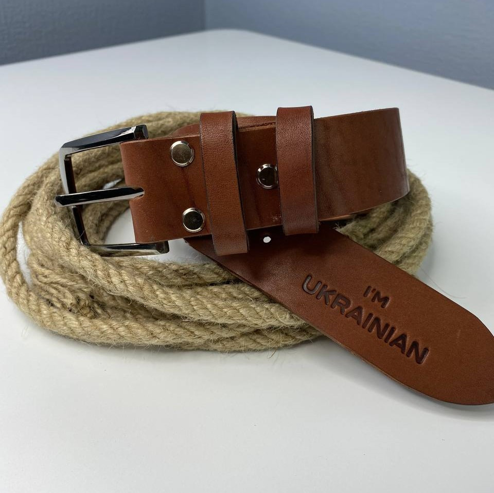 Чоловічий ремінь з натуральної шкіри для джинсів, шкіряний пояс з тисненням Im Ukrainian, коричневийMasterSem Київ - фото 1