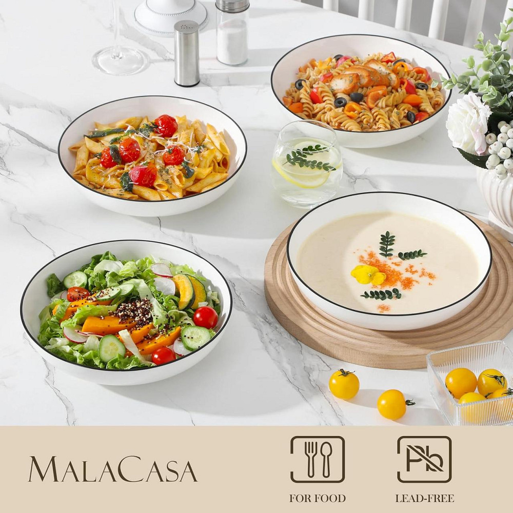 Тарілки глибокі набір 4 шт, порцелянові сервірувальні миски 22.5 см з чорним кантом MALACASA, салатниці супові миски Київ - фото 3