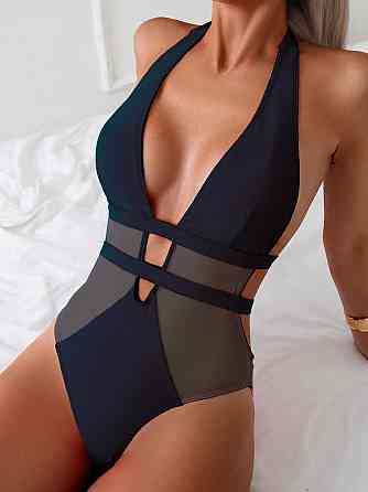 Купальник чорний суцільний із глибоким декольте та сіткою Рожевый L Харків