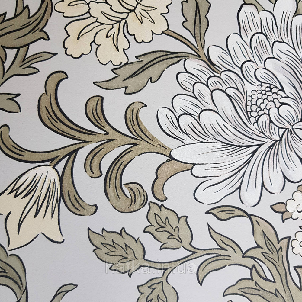 Шпалери флізелінові еко Rasch Salisbury 0.53х10 квіти великі білі жовті рожеві на ясно сірому Київ - фото 2