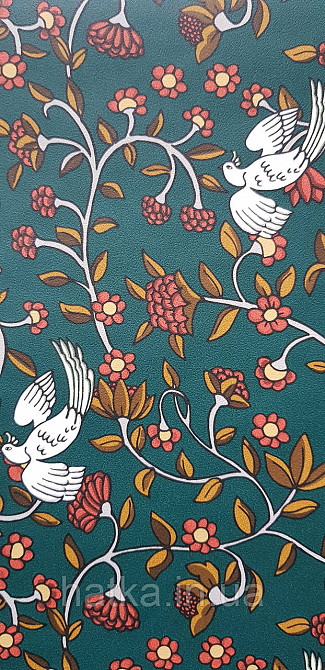 Шпалери вінілові на флізеліні Rasch Clasik 0,53х10 райські пташки квіти листя гілки яскраві білі на зеленому Київ - фото 2