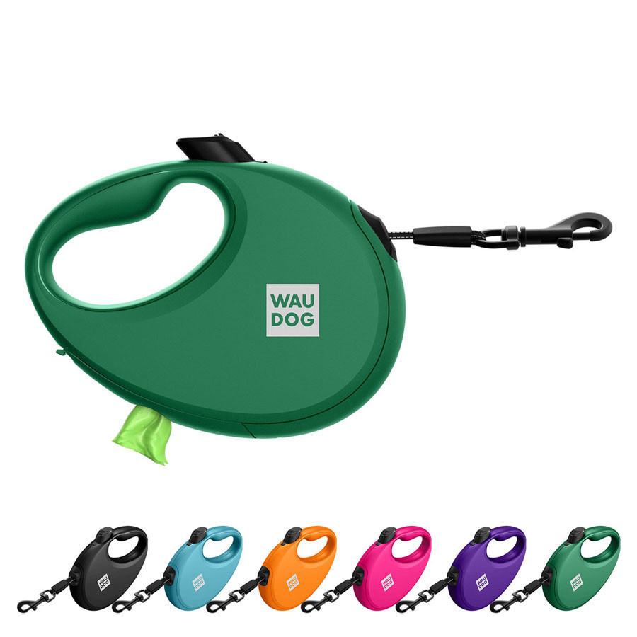Поводок-рулетка для собак WAUDOG R-leash с контейнером для пакетов, светоотражающая лента, L, до 40 кг, 5 м, зеленый Киев - изображение 1