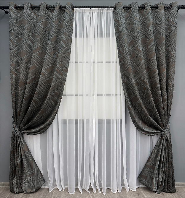 Комплект штор на люверсах VR-Textil Жаккард Mystery № 1621ш Серый с коричневым 150х280 см 2 шт (37-0202) Киев - изображение 2