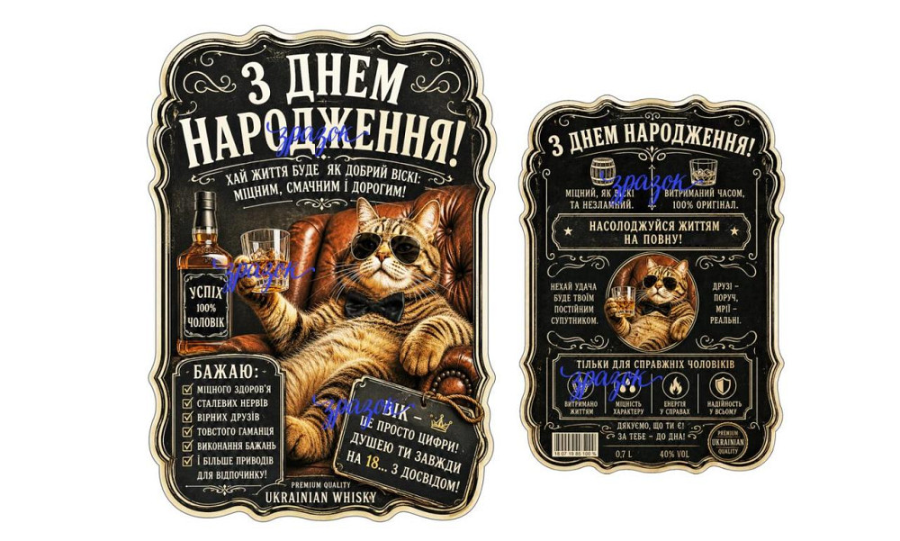 Комплект етикеток на пляшку «З Днем народження» з котом і віскі — оригінальний подарунок чоловікові з гумором Одеса - фото 1
