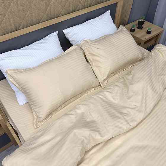 Комплект постельного белья Страйп-сатин Семейный с простыней на резинке 180х200х25, 2 пододеяльника 150х200, 2 наволочки 70х70 Кремовый (88-222) Киев