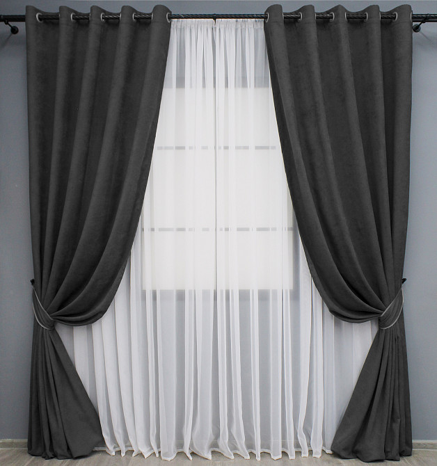 Комплект штор на люверсах VR-Textil Микровелюр Petek № 1495ш 150х270 см 2 шт Темно-сірий (37-0213) Київ - фото 2