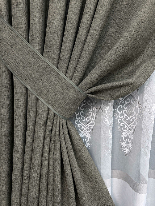 Комплект штор VR-Textil Лен ALORA-TON 150х270 2шт и Тюль 600х270 1871ш-1701т Серый с белым 71-202/5 Киев - изображение 4