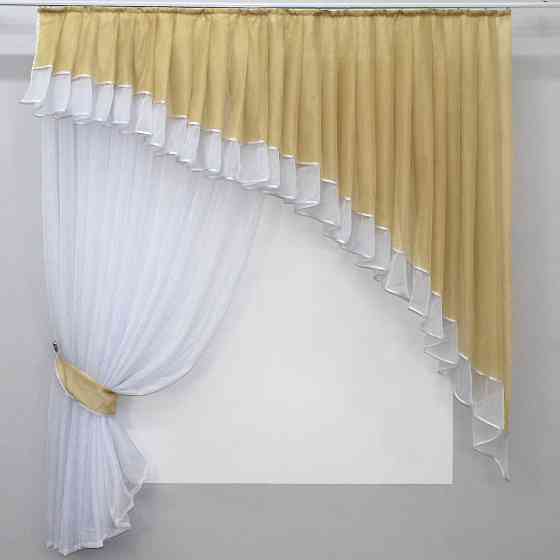 Кухонний комплект VR-Textil № 062к шторка з ламбрекеном темно-бежевий з білим 150х170 см (50-795) Київ