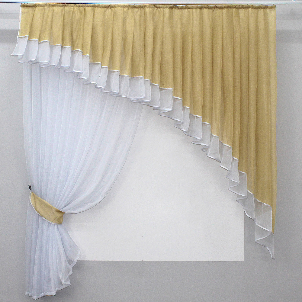 Кухонний комплект VR-Textil № 062к шторка з ламбрекеном темно-бежевий з білим 150х170 см (50-795) Київ - фото 1