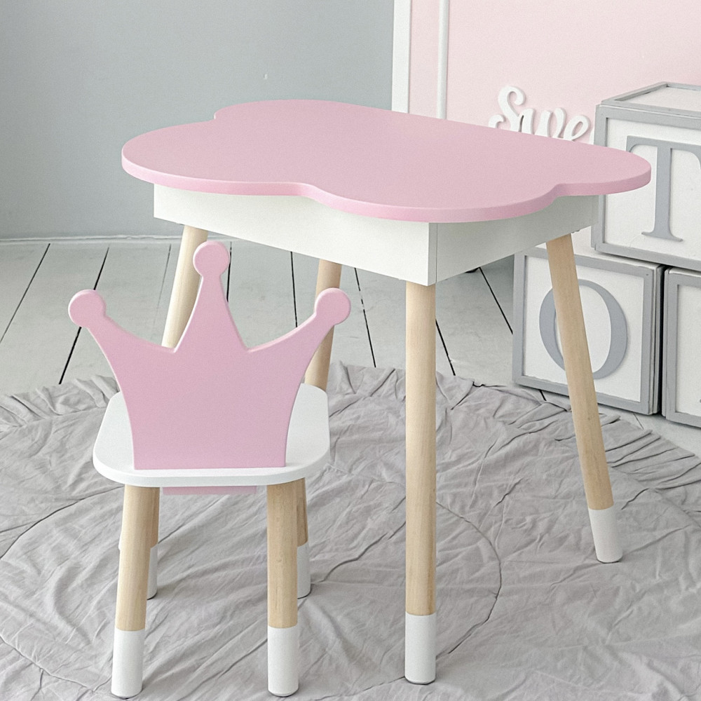 Столик облачко с откидной нишей 54х68х50 и стульчик корона 26х26х24, стол и стул в детский, белый Каменское - изображение 2