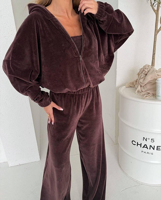 Жіночий плюшевий костюм-трійка: кофта топ і штани з велюру Шоколад, 44/46 Одеса - фото 3