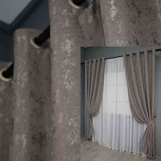 Комплект штор на люверсах VR-Textil Льон мармур Pavliani № 1373ш 150х250 см 2 шт Коричнево-сірий (37-0046) Київ