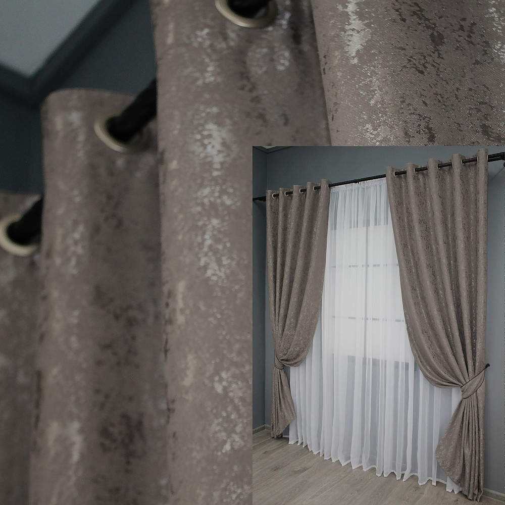 Комплект штор на люверсах VR-Textil Льон мармур Pavliani № 1373ш 150х250 см 2 шт Коричнево-сірий (37-0046) Київ - фото 1
