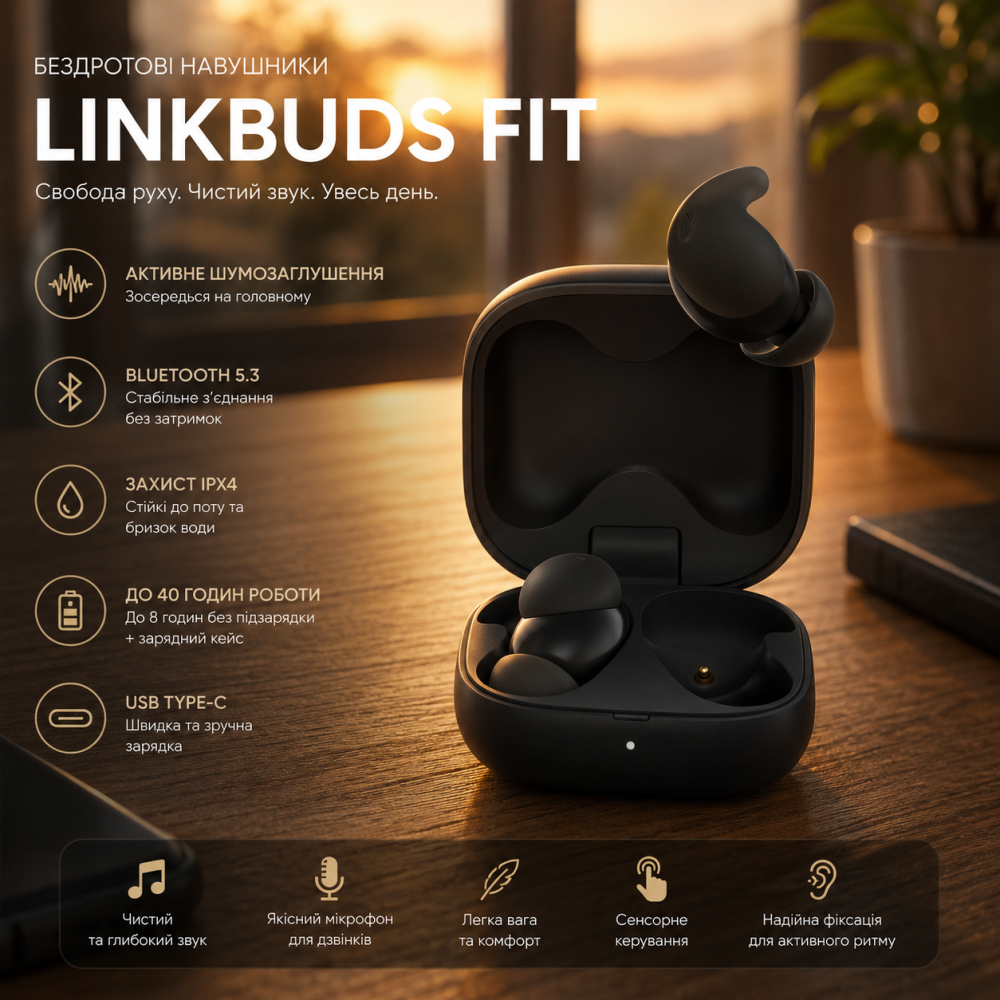 Беспроводные наушники LinkBuds Fit Black полностью беспроводные Bluetooth 5.3, активное шумоподавление, защита IPX4, до 40 часов Киев - изображение 10