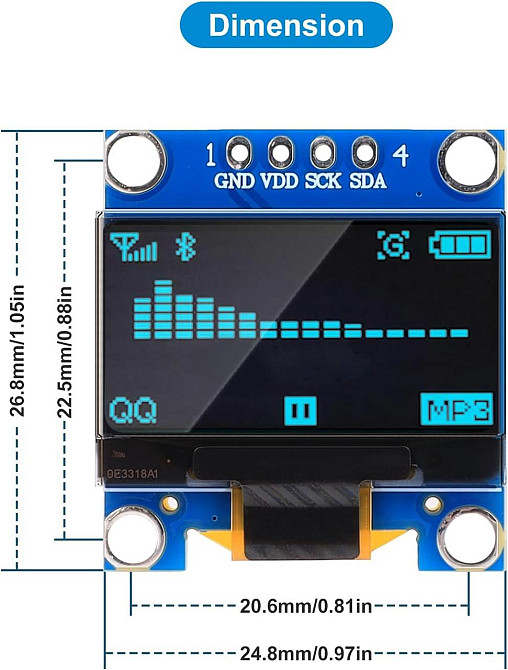 Дисплей OLED SSD1306 I2C 4pin 0.96" 128x64 графічний для Arduino синьо-жовтий Київ - фото 3