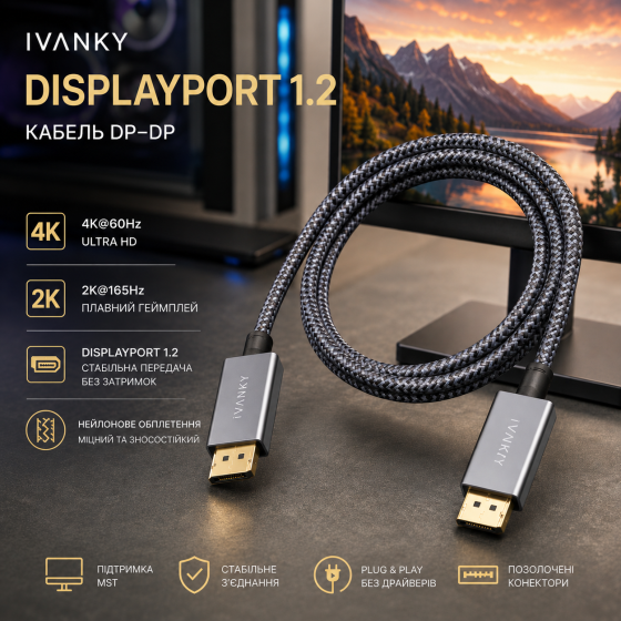 Кабель IVANKY DisplayPort–DisplayPort 1.2 1 м, 4K 60 Гц, 2K 165 Гц, DP–DP, нейлонове обплетення Київ