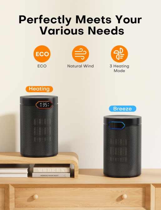 Керамический обогреватель QEXREED PTC 1500 Вт, ECO 15–35°C, 5 режимов, таймер 24 ч, 34 дБ, защита от опрокидывания Киев - изображение 8