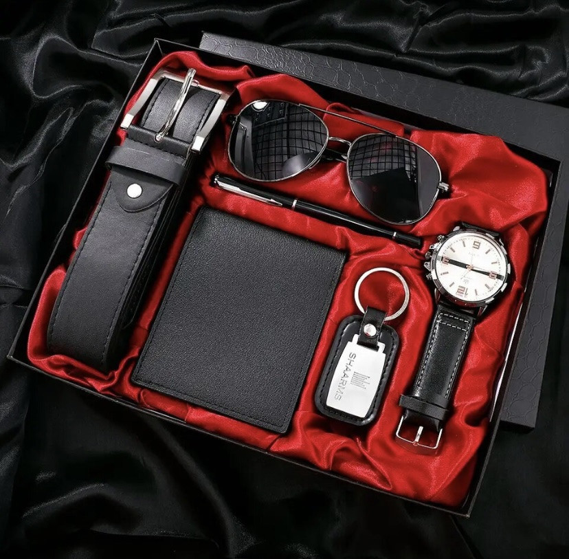 Подарочный набор для мужчин 6 в 1 (часы, очки, ручка, ремень, кошелек, брелок), черный, подарочная коробка Киев - изображение 2