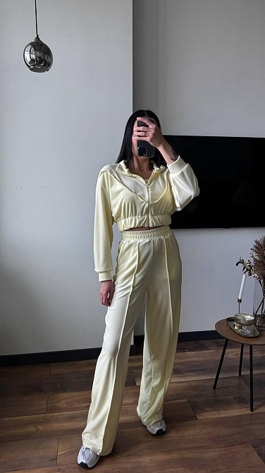 Женский плюшевый костюм тройка: кофта топ и штаны велюр Лимонный, 44/46 Одесса - изображение 2