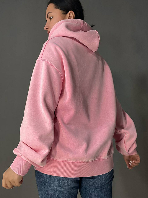 Худи женский A-N 25040 удлиненный оверсайз с капюшоном вареный дай цветная надпись впереди one size, розовый, one size Киев - изображение 2