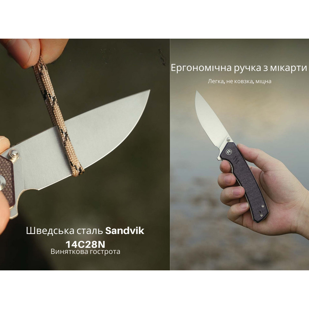 Ніж складаний туристичний Civivi Merit, (8.3 см) 14C28N / Micarta чорний Київ - фото 11