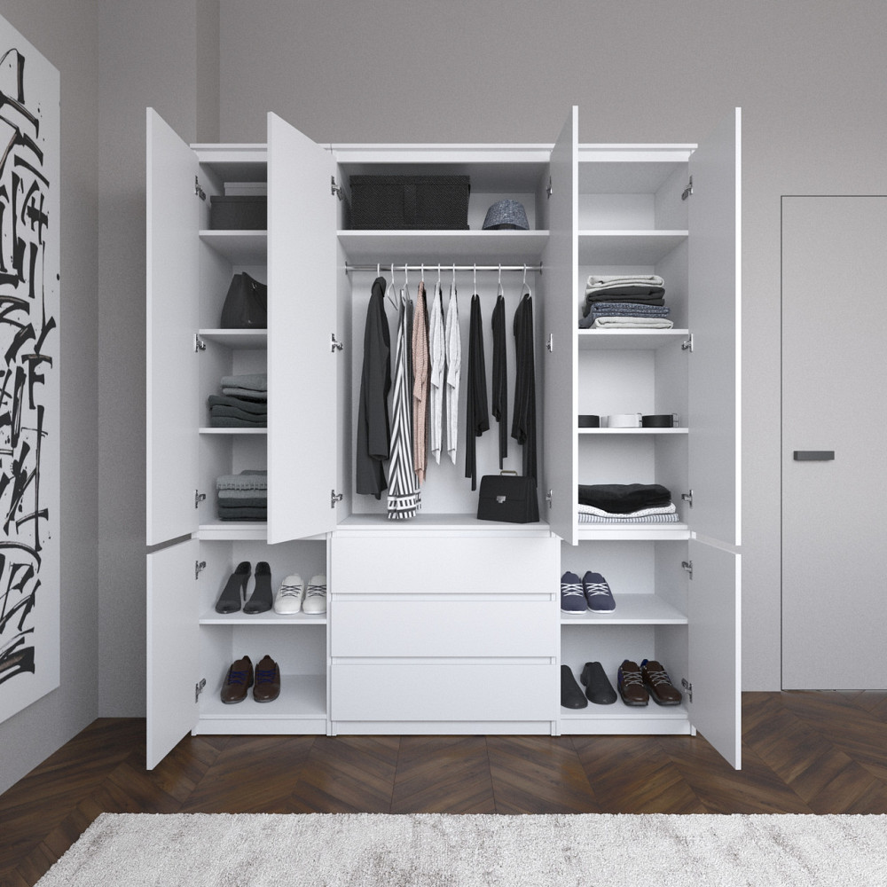 Шкаф со штангой и полками, комплект из 2 пеналов с полками и 1 шкаф со штангой с 3 шухлядами R9+R22-2 Бетон-Белые планки Львов - изображение 2