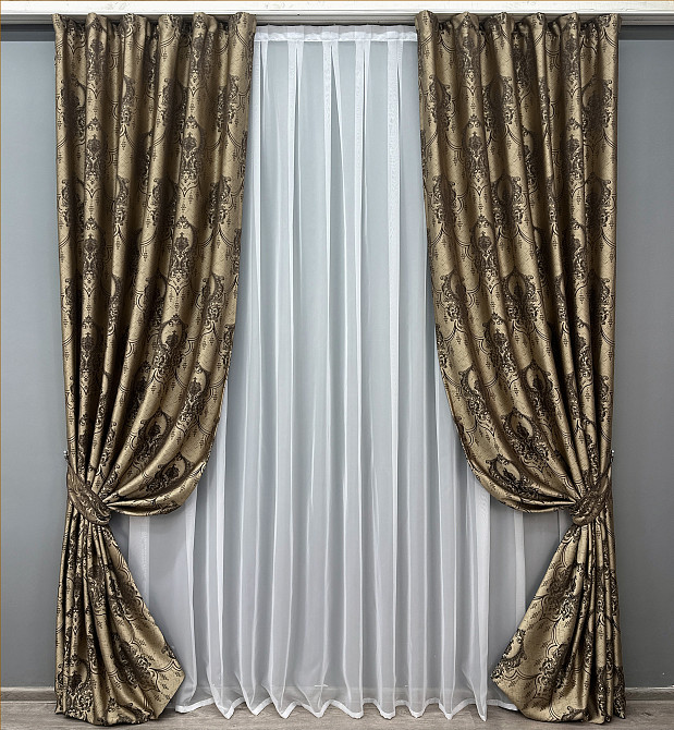 Шторна тканина парча колір бежевий з венге 1775ш Київ - фото 8