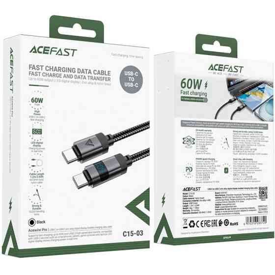 Кабель USB 2.0 Type-C M-M, 1.2 м 60W digital display Black, C15-03 Acefast Вінниця