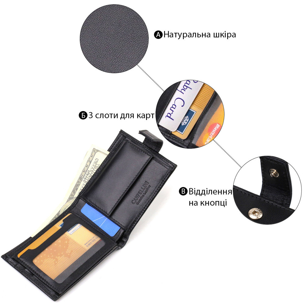 Класичне портмоне для чоловіків з натуральної гладкої шкіри CANPELLINI 21882 Чорне Київ - фото 4