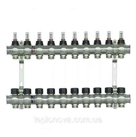 Колектор нержавійка на 10 пар виходів  "Raftec" RC-03 для Теплої Підлоги з розходомірами Чернівці