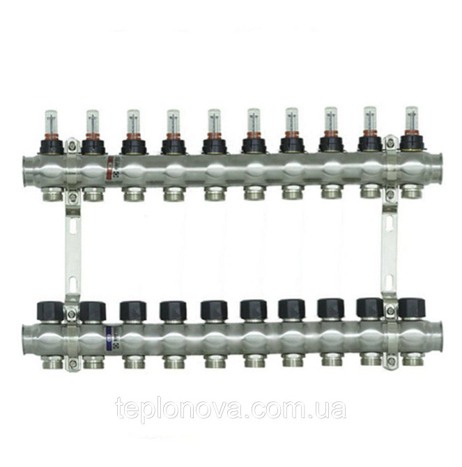 Колектор нержавійка на 10 пар виходів  "Raftec" RC-03 для Теплої Підлоги з розходомірами Чернівці - фото 1