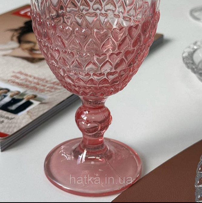 Набір 6 шт. келихів «Рожеве Серце» 300 мл орнамент у вигляді серця рожеві скло Київ - фото 5