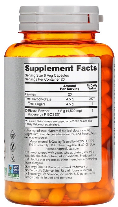 D-рибоза Now Foods Sports D-Ribose 750 мг 120 вег капс Киев - изображение 2