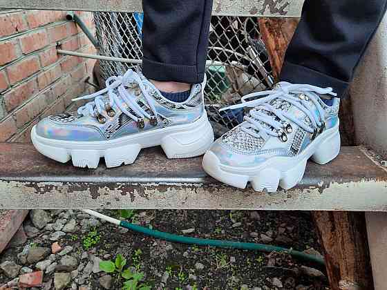 -Женские Кроссовки на Танкетке Серебристые Слипоны Мокасины на Платформе (размеры: 37,38,39) - 275-1 Днепр