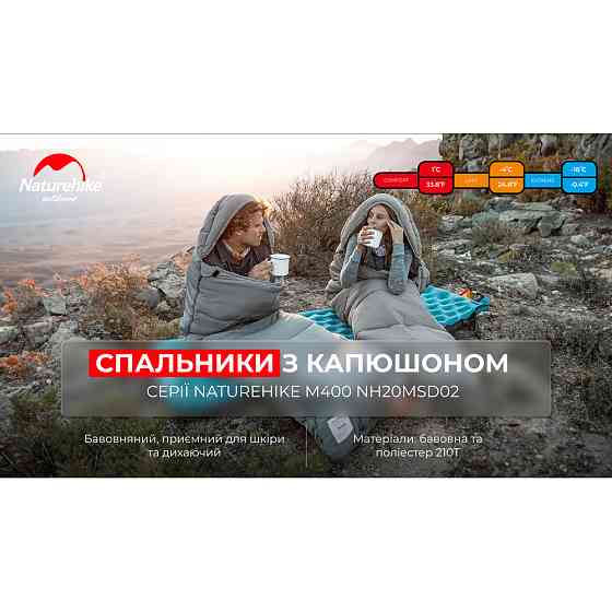 Спальник з капюшоном Naturehike M400 NH20MSD02, (1°C), правий, сірий Київ