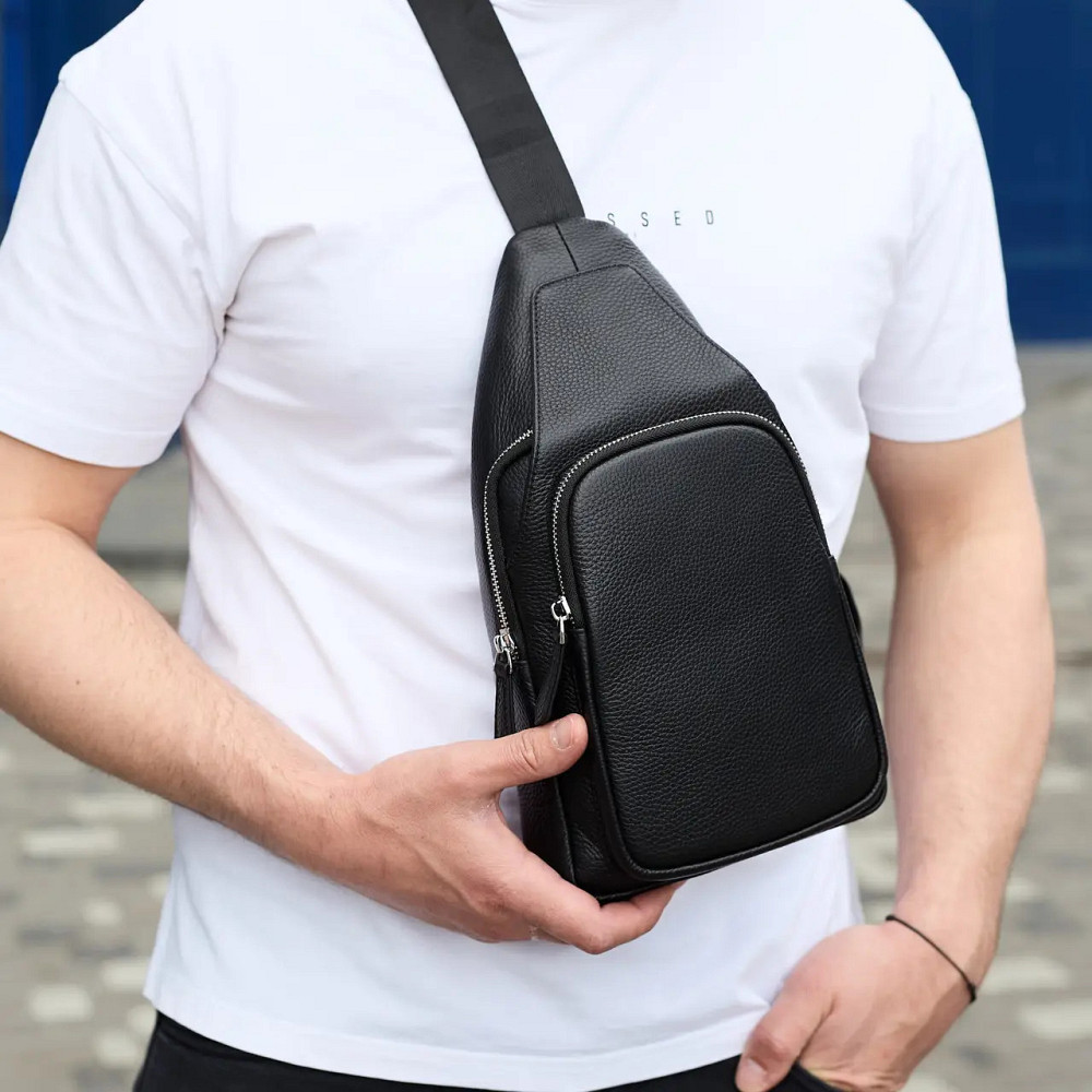 Мужская кожаная сумка слинг через плечо из натуральной кожи черная TIDING BAG Киев - изображение 5