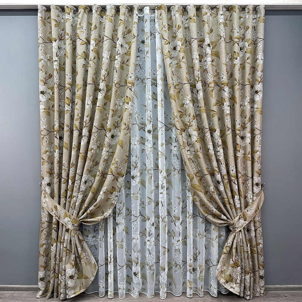 Комплект штор VR-Textil Лен Прованс 200х265 2шт и Тюль 600х265 1819ш-1908т Капучино с белым 71-107/7 Киев - изображение 1