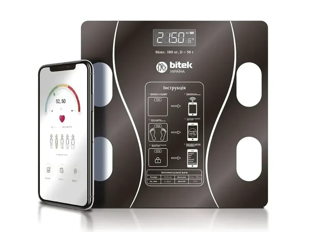 Электронные напольные весы BITEK BT-1605 до 180 кг, стеклянные, квадратные, LED дисплей, с APP Одесса - изображение 1